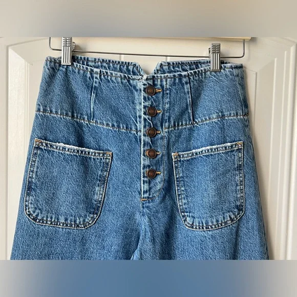 Free People Wide Leg High Rise Button Fly Jeans Size 27 Sailor Style Denim - Picture 5 of 14